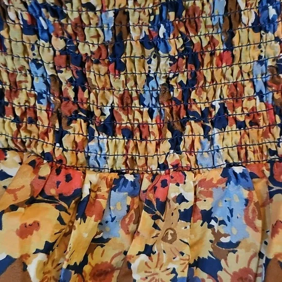 Smocked Waist Floral Maxi Dress Blue & Tan - Picture 3 of 3